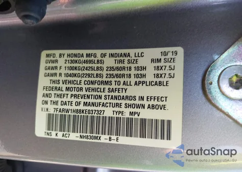 2019 Honda Cr-V Ex-L из США, поврежденный, VIN 7FARW1H88KE037327